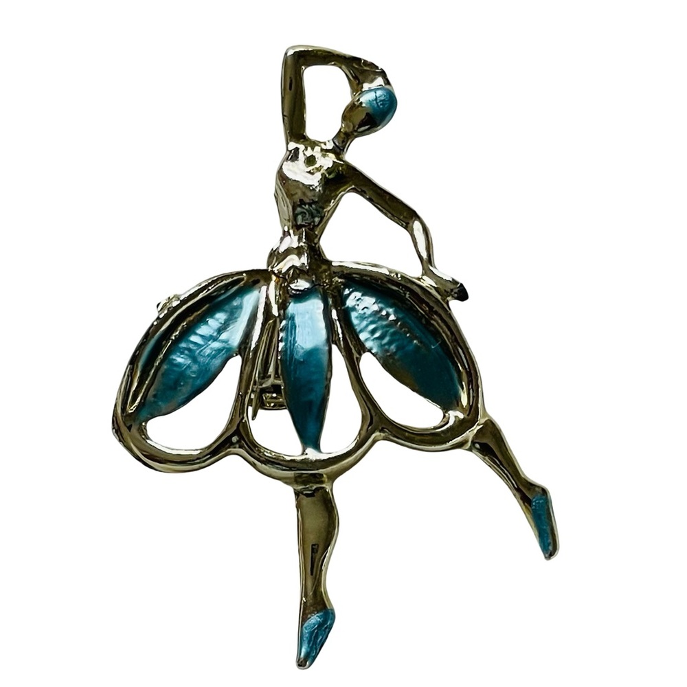 Vintage Silver Tone And Blue Enamel Dancing Ballerina Brooch